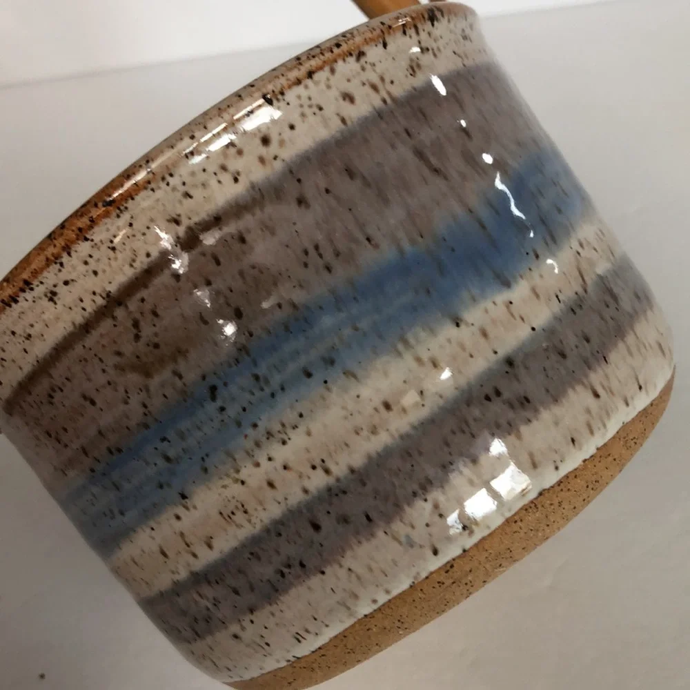 Art Pottery Glazed Basket Style Bowl With Bamboo Handle-Signed